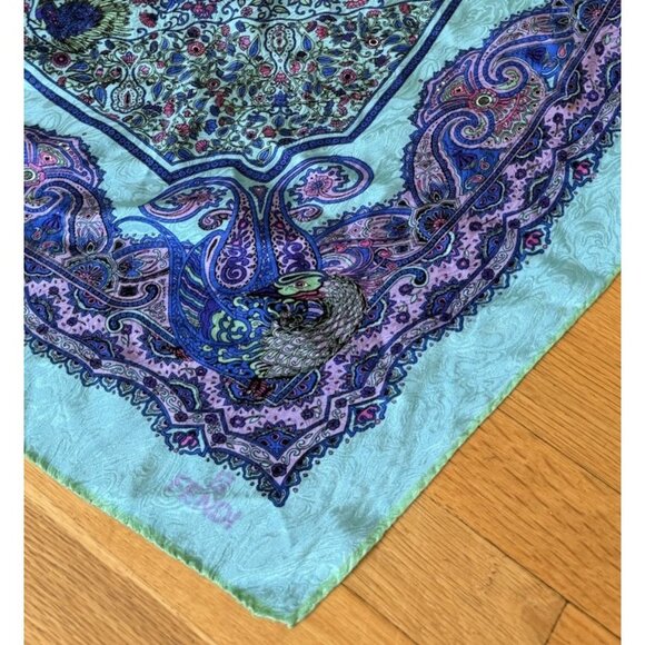VTG 90’s FENDI Silk Scarf 38” Square Turquoise Blue Purple Tree Of Life Peacock - Picture 3 of 6